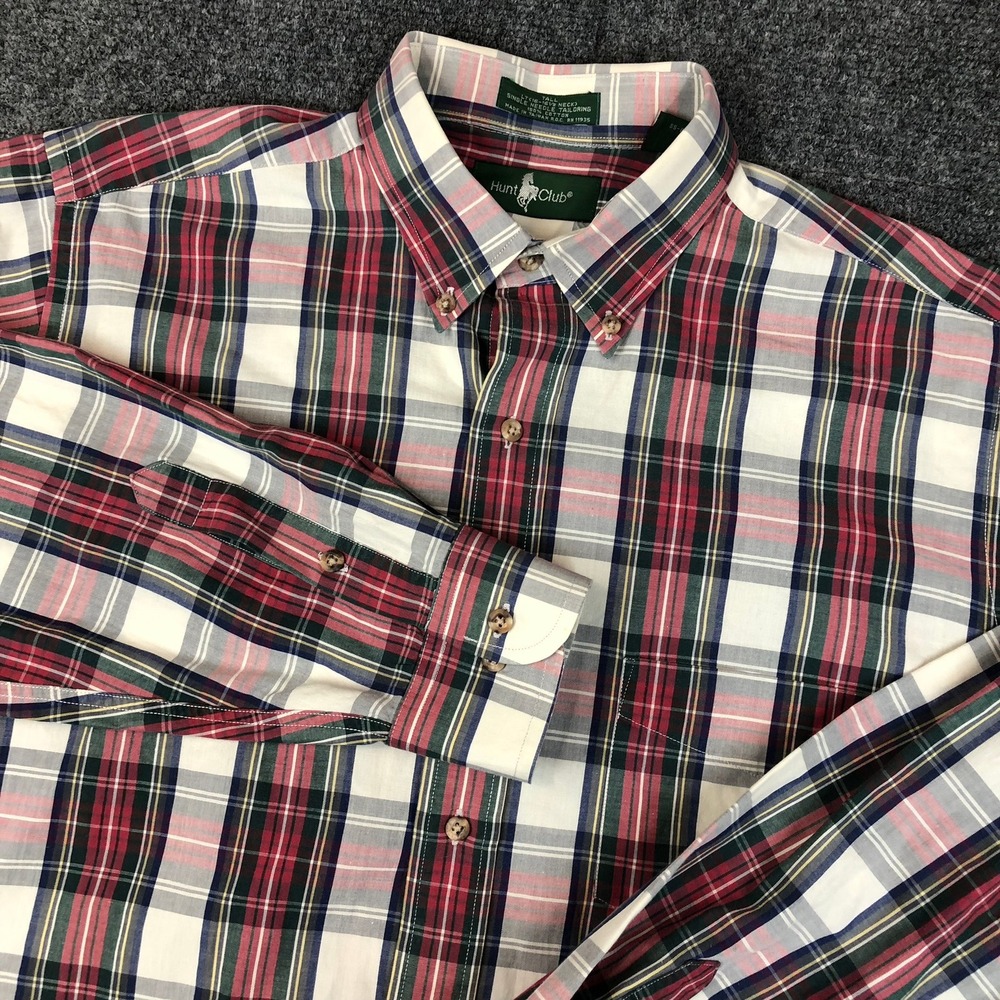 Hunt Club‎ Mens Large Tall LT Plaid Button Down Shirt Red White Green Cotton